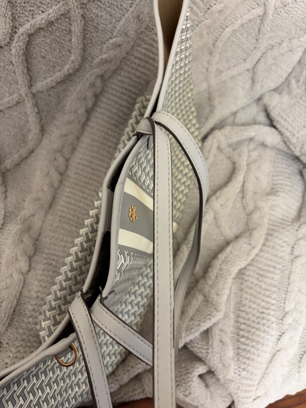 Tory Burch Gray and Cream Center-Stripe Tote - Picture 9 of 9
